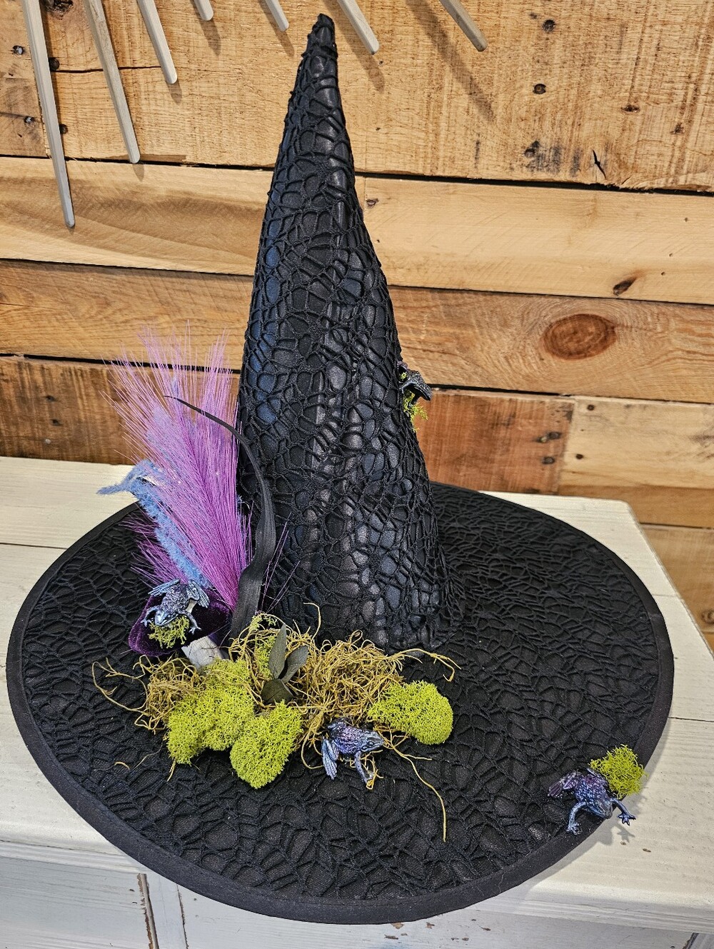 Custom Black Cobweb Lace Witch Hat w/Frogs & Moss, Black Lipstick & Arm Warmers - Picture 11 of 15